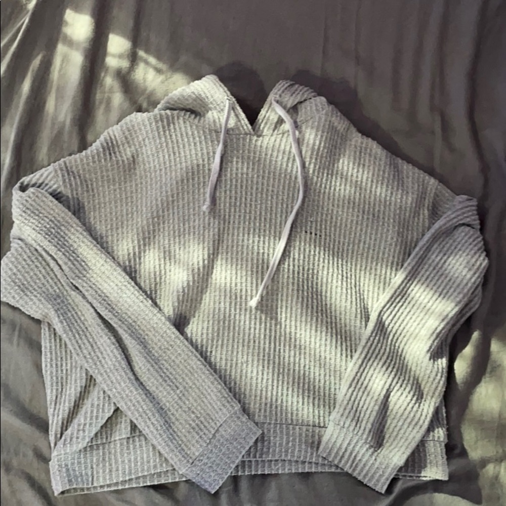gray cropped hooded long sleeve with drawstrings